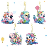 5 diamant nøgleringe med baby papegøjer 